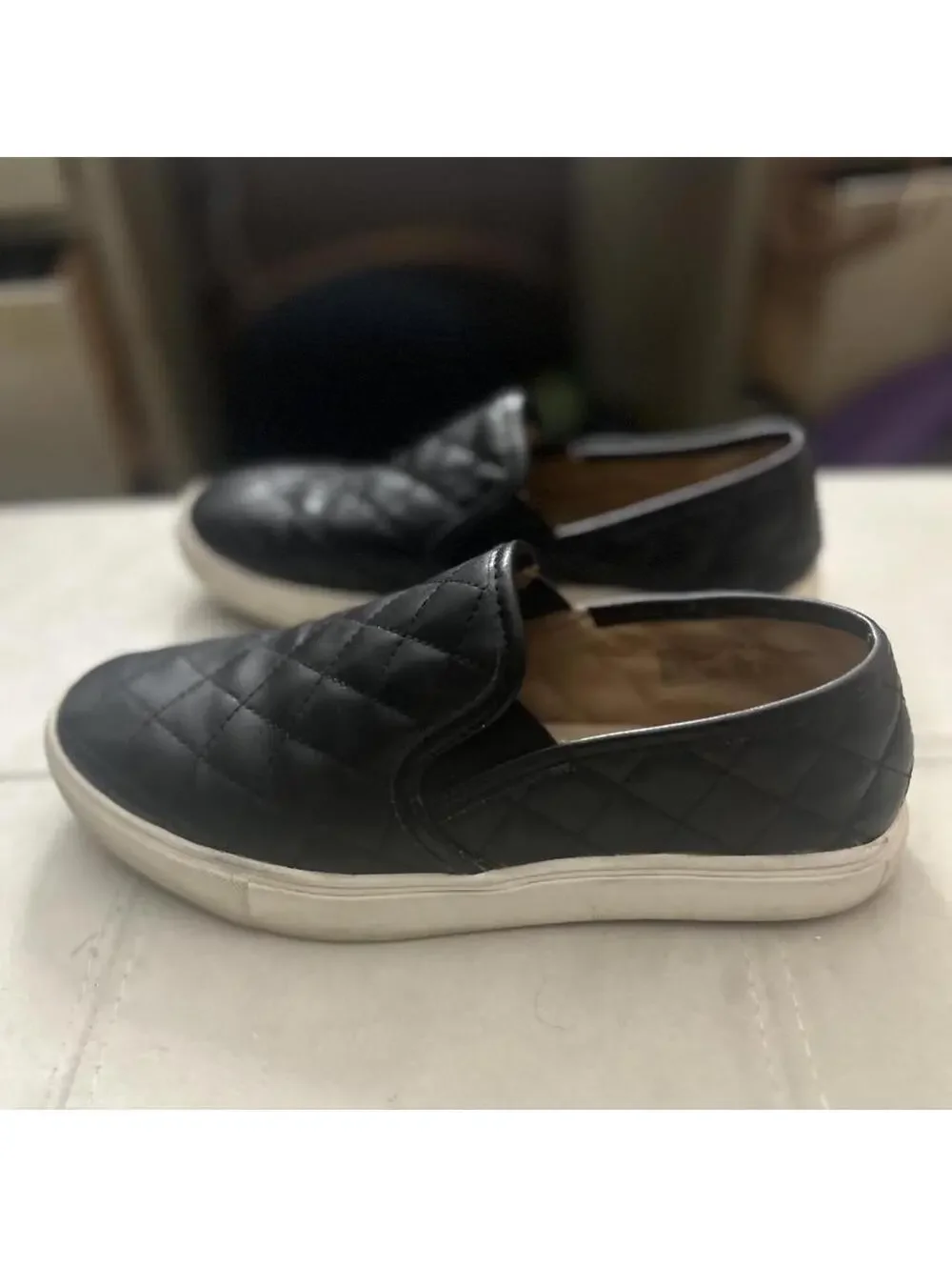 Black quilted leather slip-on sneakers white sole size 7.5  #quilted #leather